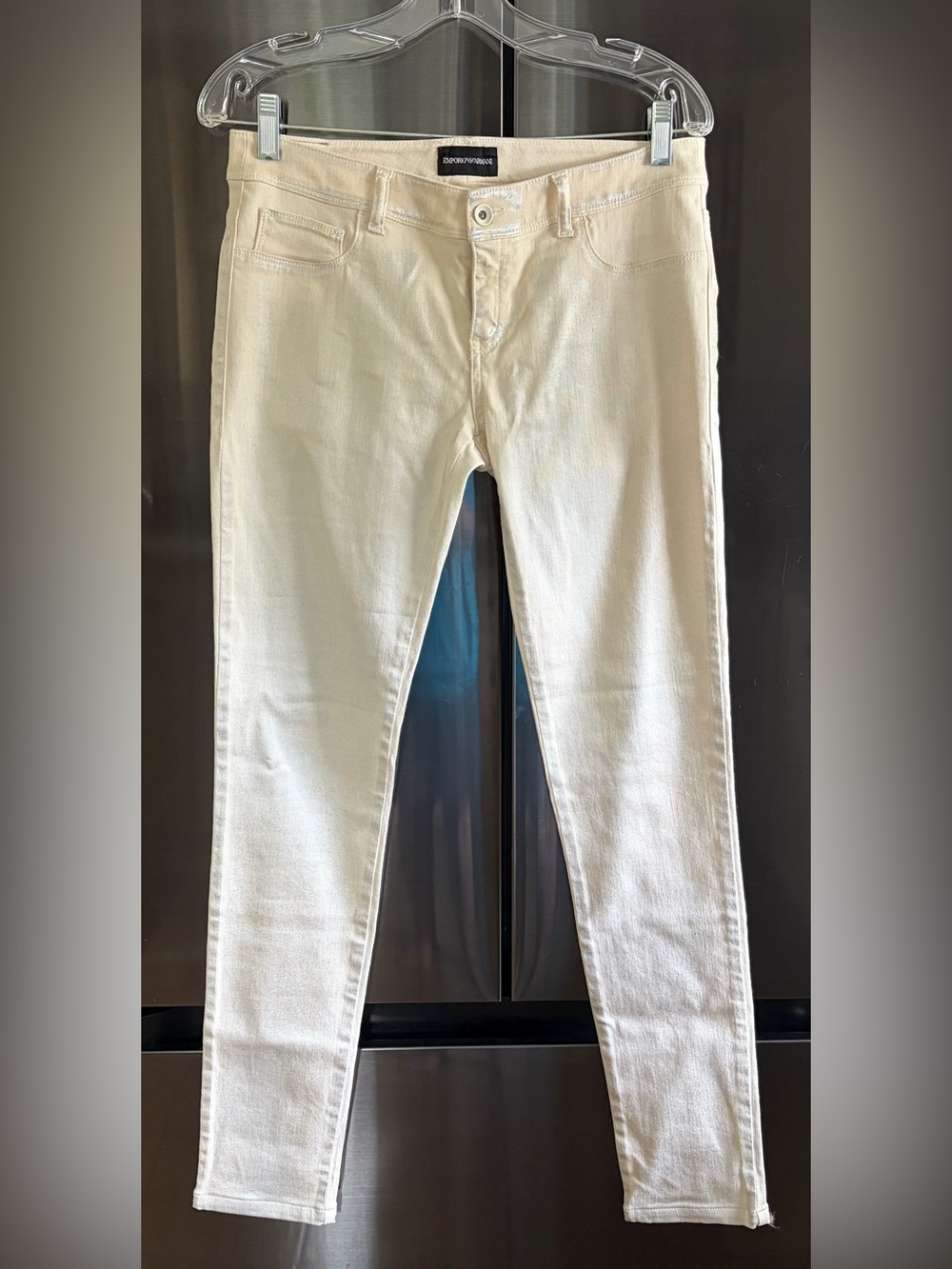 Emporio Armani Mila Silver Metallic Coated Skinny Hi Rise Jeans Sz 29 Y2K EUC